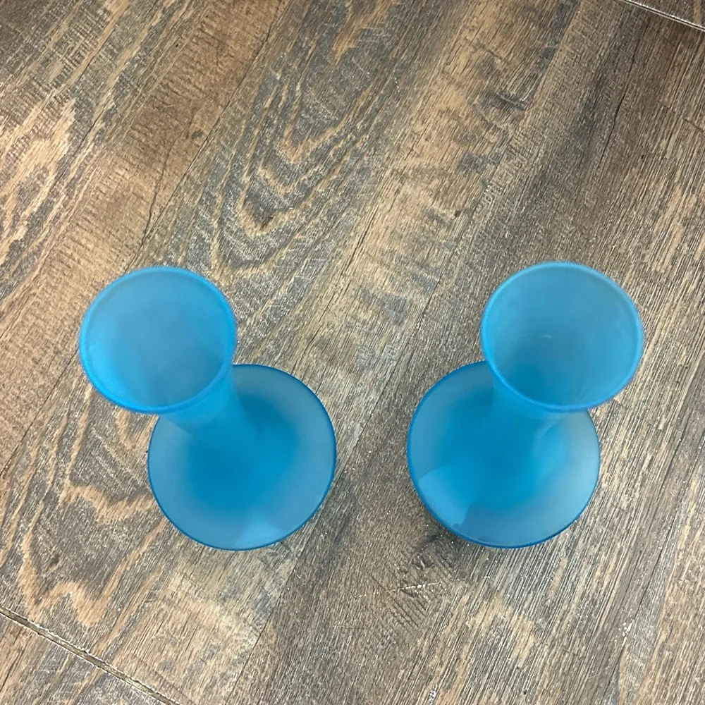 Set of 2 Satin Blue Bud Glass Vases Made in Japan‎ Mid Century Modern